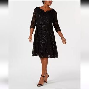 SLNY  QUARTER SLEEVE BLACK LACE SEQUIN  A-LINE  DRESS 16 W NWT